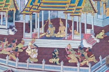 Nástěnná malba zobrazující scény z Rámájany ve Wat Phra Kaeo, královský velký palác, Bangkok, Thajsko