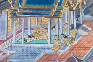 Nástěnná malba zobrazující scény z Rámájany ve Wat Phra Kaeo, královský velký palác, Bangkok, Thajsko