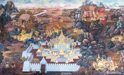 Nástěnná malba zobrazující scény z Rámájany ve Wat Phra Kaeo, královský velký palác, Bangkok, Thajsko