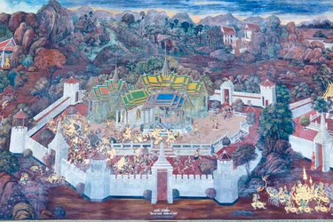 Nástěnná malba zobrazující scény z Rámájany ve Wat Phra Kaeo, královský velký palác, Bangkok, Thajsko