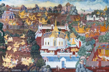 Nástěnná malba zobrazující scény z Rámájany ve Wat Phra Kaeo, královský velký palác, Bangkok, Thajsko