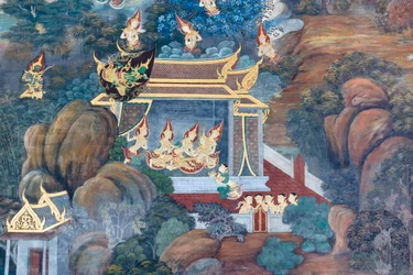 Nástěnná malba zobrazující scény z Rámájany ve Wat Phra Kaeo, královský velký palác, Bangkok, Thajsko