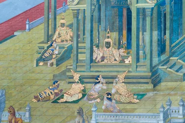 Nástěnná malba zobrazující scény z Rámájany ve Wat Phra Kaeo, královský velký palác, Bangkok, Thajsko