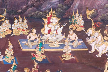 Nástěnná malba zobrazující scény z Rámájany ve Wat Phra Kaeo, královský velký palác, Bangkok, Thajsko