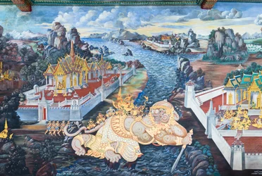 Nástěnná malba zobrazující scény z Rámájany ve Wat Phra Kaeo, královský velký palác, Bangkok, Thajsko