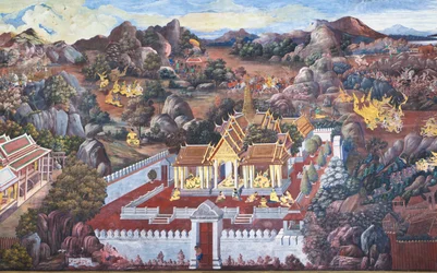 Nástěnné malby zobrazující scény z Ramakian ve Wat Phra Kaeo, královský velký palác, Bangkok, Thajsko