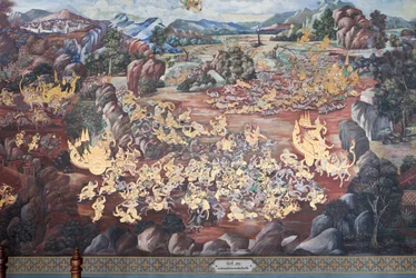 Nástěnné malby zobrazující scény z Ramakian ve Wat Phra Kaeo, královský velký palác, Bangkok, Thajsko