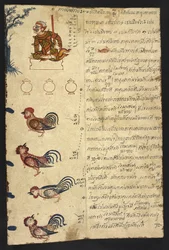Or 4830 f.20, Rok kohouta, z „thajské věštecké příručky (Phrommachat), obsahující horoskopy založené na čínském zvěrokruhu“