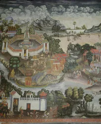 Město Phitsanulok a fontána se sochami Buddhy, Wat Bowonniwet Vihara, Bangkok