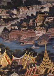Pohled na královský palác v Bangkoku, řeku Chao Phraya a Tonburi s dřevěnými thajskými domy a cihlovými a štukovými čínskými obydlími, 1864 (nástěnná malba)
