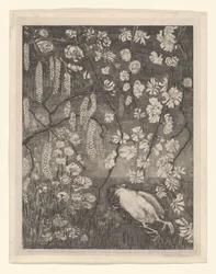 Mrtvý pták pod větvemi lísky a zimolezu Flower Studies (původní název)