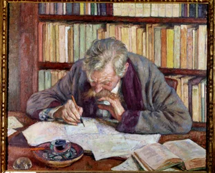 Portrét belgického básníka Emila Verhaerena (1885-1916) v jeho kanceláři Malba Theodora Van Rysselberghe (1862-1926) Paříž 20. století. Městské muzeum moderního umění