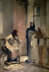 Ludvík IX. (1214-1270), než se stal francouzským králem, studoval matematiku u Vincenta de Beauvais (1190-1264), dominikánského bratra, v opatství Royaumont. Malba Theobalda Chartrana (1849-1907). Paříž, La Sorbonne