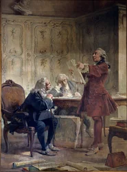 Přírodovědec a intendant Jardin du roi Georges-Louis Leclerc, hrabě z Buffonu (1707-1788) čte první listy své přírodovědné dohody před botanikem Bernardem de Jussieu (1699-1777) a přírodovědcem Edme-Louisem. Daubenton (1732–1717)