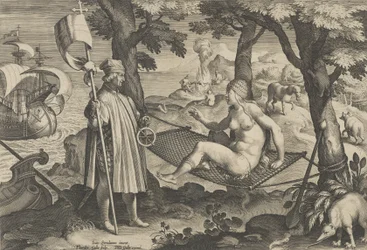 Nové vynálezy moderní doby [Nova Reperta], Objevení Ameriky, deska 1, ca. ..., ca. 1600.