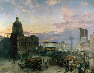 ""Pohled na Washington Street v Indianapolis za soumraku"" Malba Theodora Grolla (1857-1913) 1892-1895 Muzeum umění Indianapolis Indiana Spojené státy americké