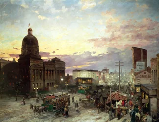 Washington Street, Indianapolis v soumraku (olej na plátně)