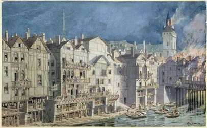 Požár v Pont aux Meuniers v roce 1621 (pero a inkoust a wc na papíře)