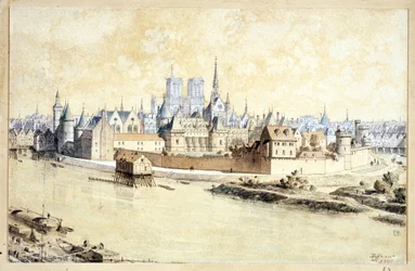 Palác a město v roce 1530 (retrospektivní kompozice) (pero a inkoust a akvarel na papíře)