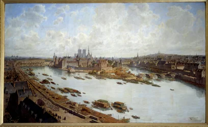 Panoramatický pohled na Paříž a Ile de la Cite v roce 1588 ze střech Louvru, Pont Neuf ve výstavbě Obraz Theodore Joseph Hubert Hoffbauer (1839-1922) 1890