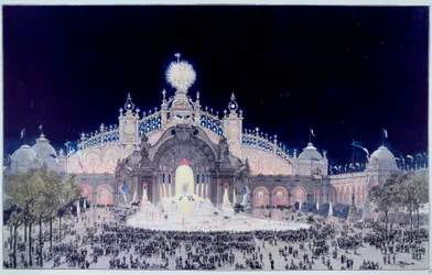 Univerzální výstava: “” Pohled na Palác elektřiny a vodní hrad v Paříži v roce 1900”” Tisk Theodore Joseph Hubert Hoffbauer (1839-1922) známý jako Fedor Hoffbauer. 1900 Paříž, Musee Carnavalet