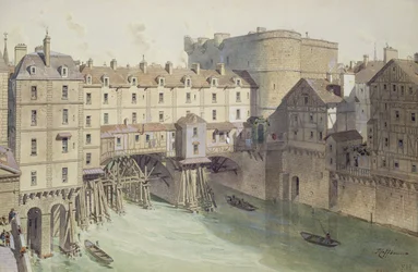 Pohled na Petit Chatelet a Petit Pont v roce 1717, ilustrace z „Paris Through The Ages“ vyrytá Philippe Benoist (1813-c.1905) 1885
