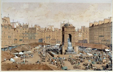 Pohled na Marche a Fontánu neviňátek v Paříži v 19. století. Akvarel Theodora Josepha Huberta Hoffbauera (1839-1922) 19. století Paříž, Musee Carnavalet