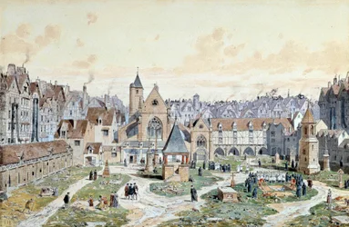 Pohled na hřbitov neviňátek v Paříži v roce 1550. Akvarel od Theodora Josepha Huberta Hoffbauera (1839-1922) Paříž 19. století, Musee Carnavalet