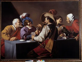 Hráči karet, brelanský obraz Theodora Romboutse (1597-1637) Slunce ze 17. století. 1,52x2,06 m Antverpy. Muzeum Koninklik – Hráči karet, „“ brelan““. Obraz Theodora Romboutse (1597-1637)