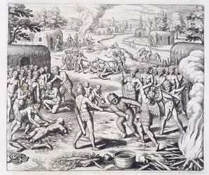 Bitva mezi kmeny Tuppinů, z knihy "Newe Welt und Americanische Historien" od Johanna Ludwiga Gottfrieda, vydané Mattaeusem Merianem, Frankfurt nad Mohanem.