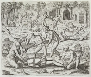 Kanibalové v Darienu v Panamě, zajímající Španěly, z knihy "Newe Welt und Americanische Historien" od Johanna Ludwiga Gottfrieda, vydané Mattaeusem Merianem ve Frankfurtu nad Mohanem.
