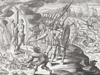 Poprava dvou Payaguá-indiánů obviněných ze zabití Juana de Ayolase (zemř.1537?) z knihy 