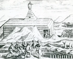 Lovci medvědů, ilustrace z "India Orientalis" 1598 (rytina)