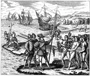 Kryštof Kolumbus (1451-1506), janovský mořeplavec, objevující Ameriku - 12. května 1492. Podle rytiny Théodora de Bry z roku 1590.