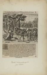 Columbus Supplicium ab Hispanis Seditiosis Sumit. X. (z knihy Americae, část čtvrtá)