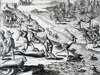 Výprava Thomase Cavendishe z knihy "Americae" od Theodora de Bry, asi 1593 (rytina)