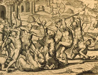 Mučednictví misionářských mnichů v Jižní Americe, rytina z Historia americae, Theodor de Bry (1528-1598), Frankfurt