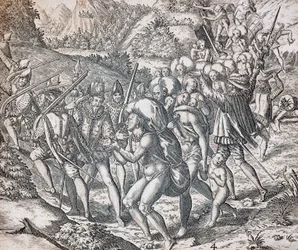 Domorodci nalodění na lodě, aby byli odvezeni do otroctví v Seville, rytina Theodora de Bry (1528-1598), Antily