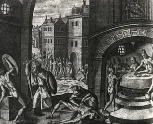 Kněz zabije oběť falešného boje a poté stáhne tělo z kůže, Mexiko, rytina z Peregrinationes, Theodor de Bry (1528-1598), Střední Amerika