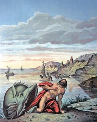 Jonas vychází z břicha velryby, polovina 19. století (ilustrace)