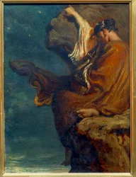 Sapho Řecká básnířka Sapho (Sappho) (kolem 600 př. n. l.) sedí na skále a s melankolií se dívá na moře. Obraz Theodora Chasseriaua (1819-1856) 1849 Ne. 0,27x0,21 m Paříž, musee d