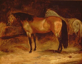 Bay Horse u jesliček, s šedým koněm v koberci