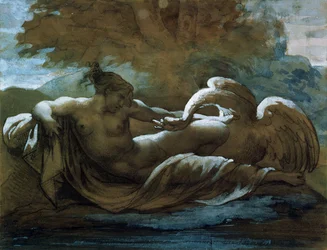 Leda a labuť (černá křída a akvarel)