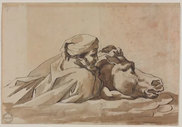 Muž svírající koně ve vodě, podle Poussinovy "Potopy" (recto), asi 1816 (pero a hnědá tuš, štětec a hnědá lazura nad grafitem)