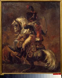 Důstojník lovce na koni císařské gardy Nábojový obraz od Theodora Gericaulta (1791-1824) 19. století Sun. 0,27x0,22 m bajon, Musee Bonnat