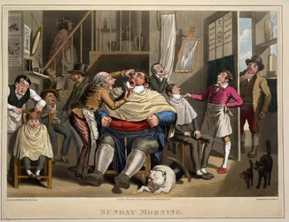 Nedělní ráno, Ing. George Hunt, hospoda. Thos. McLean, Londýn, 1827 (ručně kolorovaná rytina)