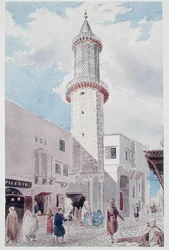 Minaret mešity na Rue de Chartres a Rue Bab-Azoun, Alžír (akvarel na papíře)