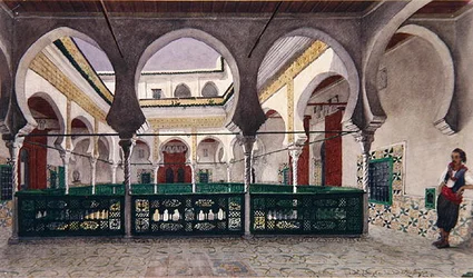 Pohled na vnitřní nádvoří domu v Alžíru, kolem roku 1830 (akvarel na papíře)