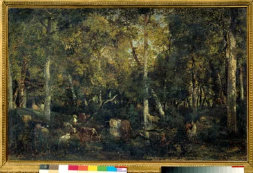 Dřevěný interiér s názvem Stará kolej Bas-Breau (les Fontainebleau) Obraz Theodora Rousseaua (1812-1887) 1836 Sun. 0,65x1,03 m Paříž, muzeum Orsay