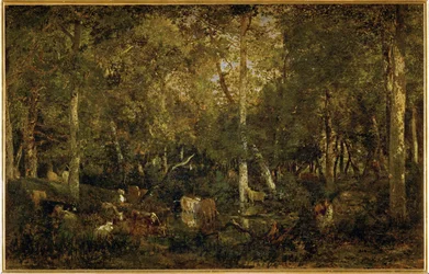 Le Vieux Dormoir du Bas-Breau", část lesa Fontainebleau (malba na plátně)